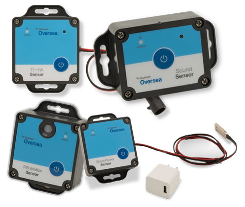 THW-sound-PIR-shore_mobile oversea temp., humidity, water sensor, sound sensor, pir motion sensor, and shore power sensor